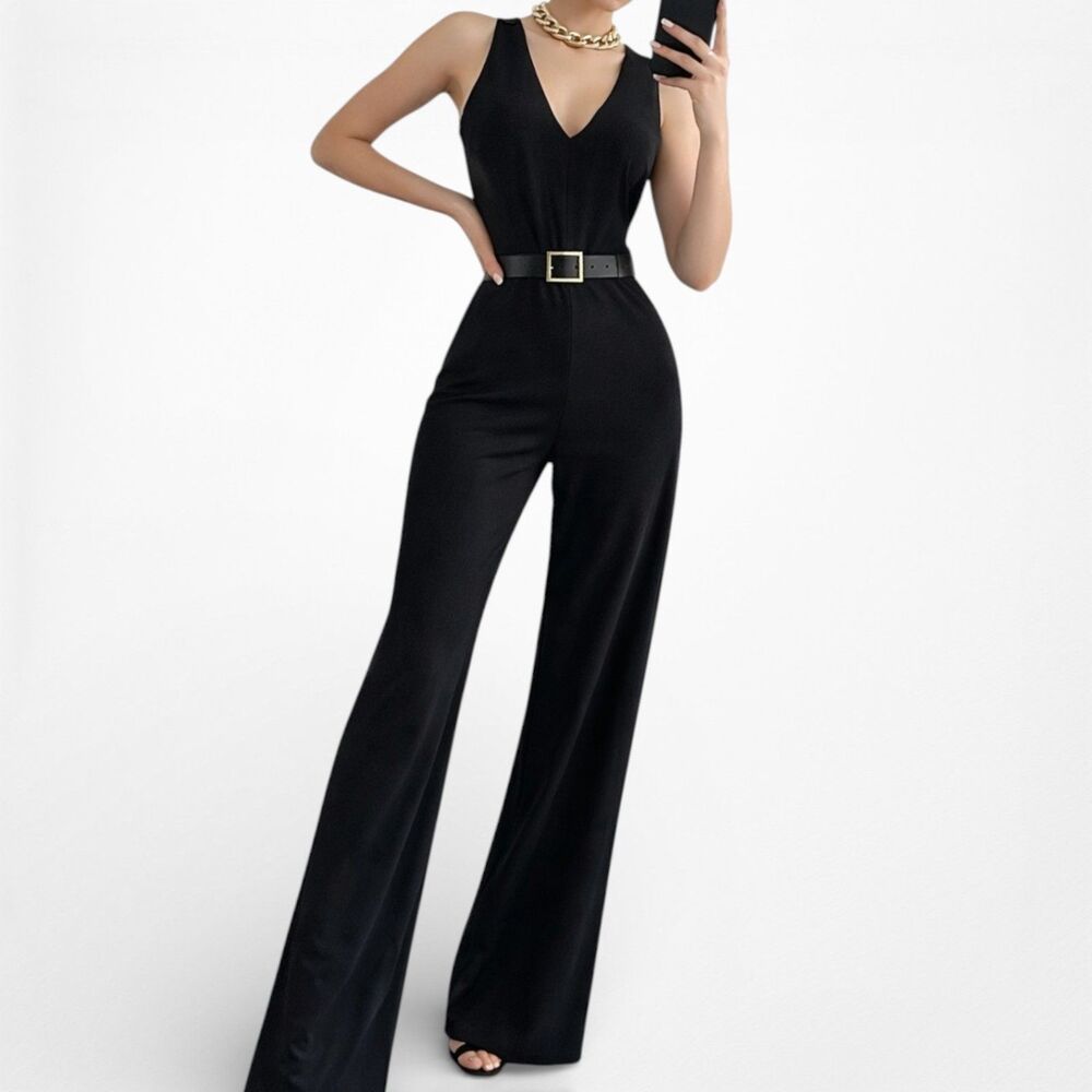Vintage Y2K Black Sleeveless V-neck Wide Leg One Piece Jumpsuit Size M